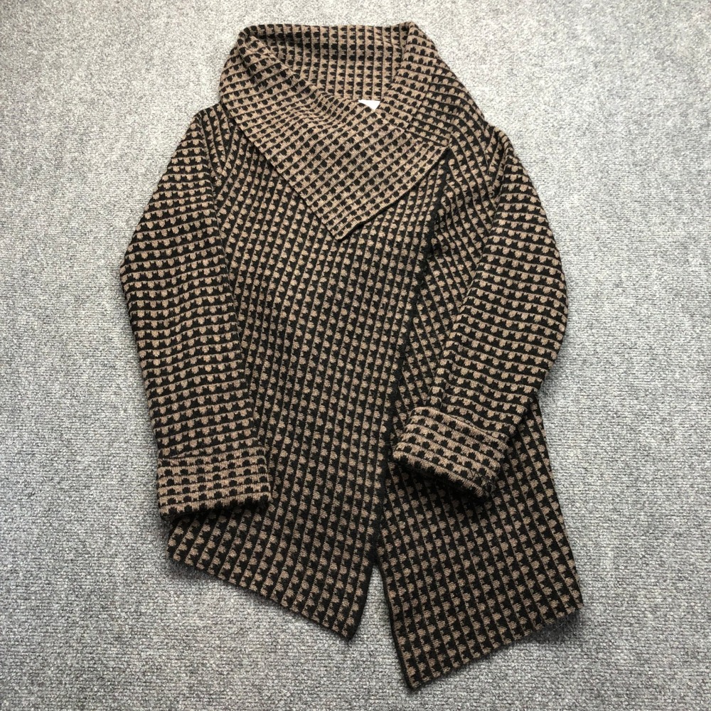 A.IDA Made in Italy Brown Black Houndstooth Draped Shawl Collar Cardigan Small